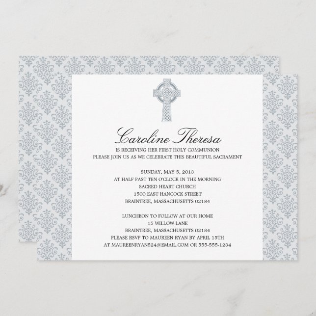 Convites Cinza de prata Damasco Celtic Cross First Communes (Frente/Verso)