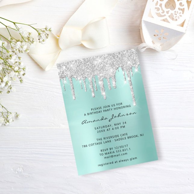 Convites Cinza de prata Derramada de efeito de brilho azul  (Silver Gray Tiffany Glitter Effect Drip Birthday Invitation)