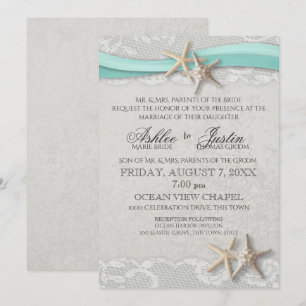 Convites Cinza de rendas de Starfish e Casamento de Aqua