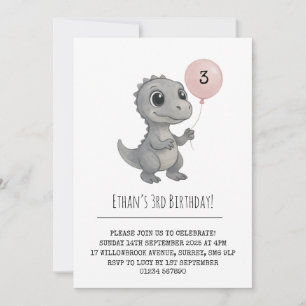Convites Cinza Dino com Ilustração de Balão Rosa Aniversári