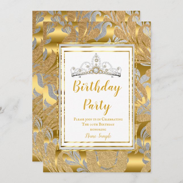 Convites Cinza Dourada Elegante, Tiara, Festa de aniversári (Frente/Verso)
