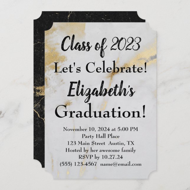 Convites cinza Dourada para graduação 2023 mármore com text (Frente/Verso)