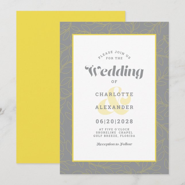 Convites Cinza e amarelo | Padrão moderno de folhas de Abst (Frente/Verso)