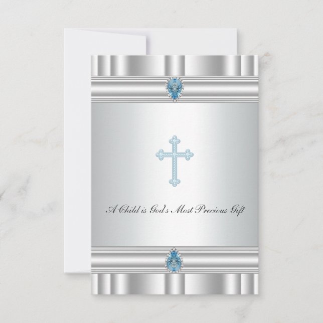 Convites Cinza e Blue Cross Christening (Frente)