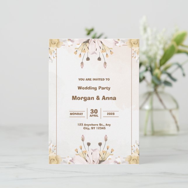 Convites Cinza e Casamento por Aquarela Marrom (Em pé/Frente)