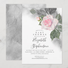 Convites Cinza e Chá de fraldas de Aquarela Floral Rosa