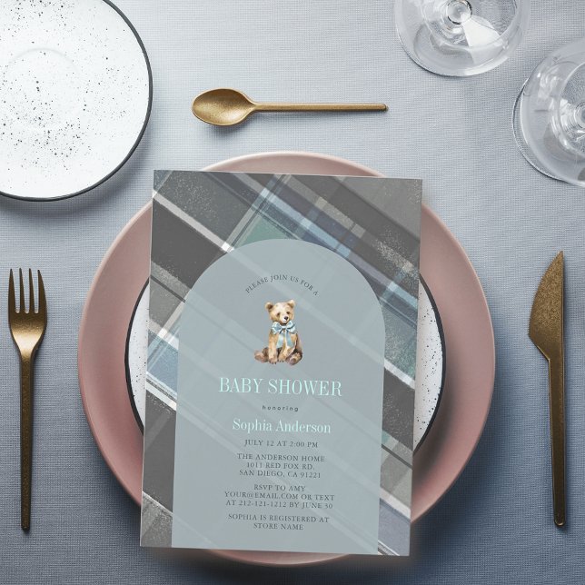 Convites Cinza e Chá de fraldas Xadrez azul do urso (Criador carregado)