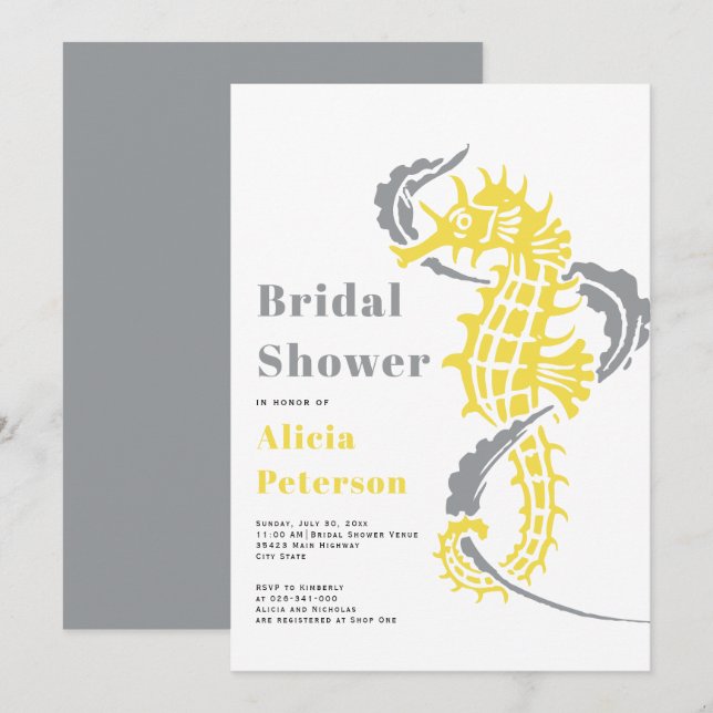 Convites Cinza e chá de panela amarelo da praia do mar (Frente/Verso)