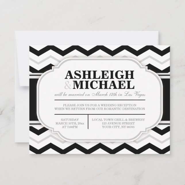 Convites Cinza e Preto Chevron Branco Recepção de Casamento (Frente)