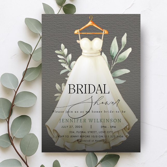 Convites Cinza Elegante, Chá de panela de vestido verde (Elegant Gray Greenery Dress Gown Bridal Shower Invitation)