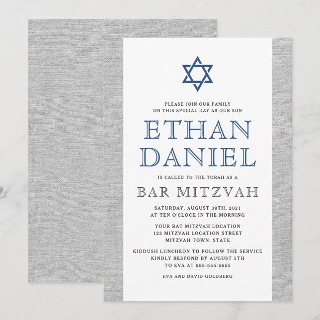 Convites Cinza Elegante - Estrela azul de David bar mitzvah (Frente/Verso)
