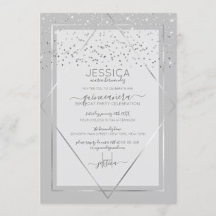 Convites Cinza Elegante, Prata Confetti Border Quinceañera