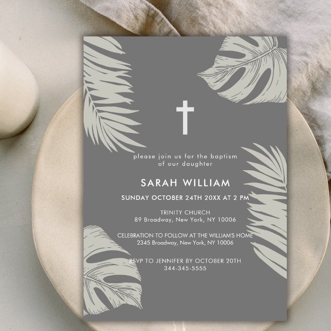 Convites Cinza Elegante Sai do Batismo Cruzado (Elegant Grey Boho Leave Gold Cross Baptism Invitation)