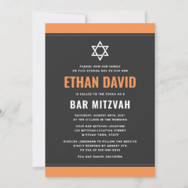 Convites cinza escura moderna borda laranja bar mitzvah