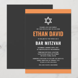 Convites cinza escura moderna borda laranja bar mitzvah