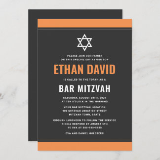 Convites cinza escura moderna borda laranja bar mitzvah