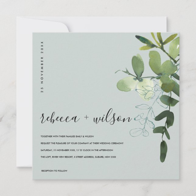 CONVITES CINZA EUCALYPTUS FOLIAGE WATERCOLOR WEDTING VERDE (Frente)