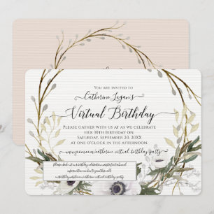 Convites Cinza Floral de Fúria Blush Virtual Birthday