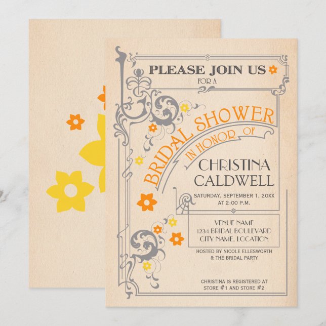 Convites Cinza Floral Flourish Flourish Orange Chá de panel (Frente/Verso)