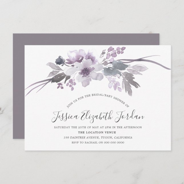 Convites Cinza Inverna Floral Chá de fraldas Bridal (Frente/Verso)