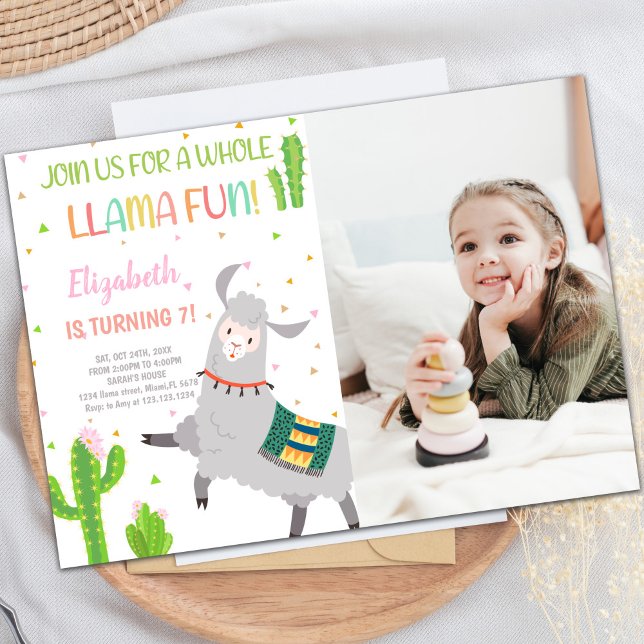 Convites Cinza Lama Aniversário Invoca Foto (Gray Llama Birthday Invitations with photo)