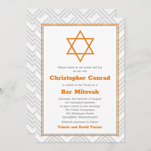 Convites Cinza Laranja Bar tradicional Mitzvah (Frente/Verso)