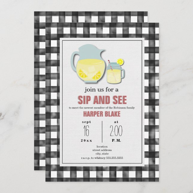 Convites Cinza Lemonade Gingham Sip & See Baby Invent (Frente/Verso)