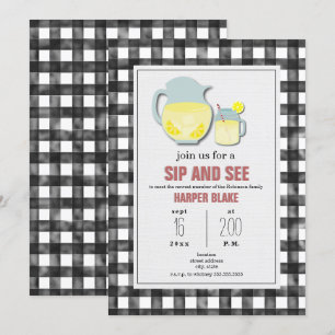Convites Cinza Lemonade Gingham Sip & See Baby Invent