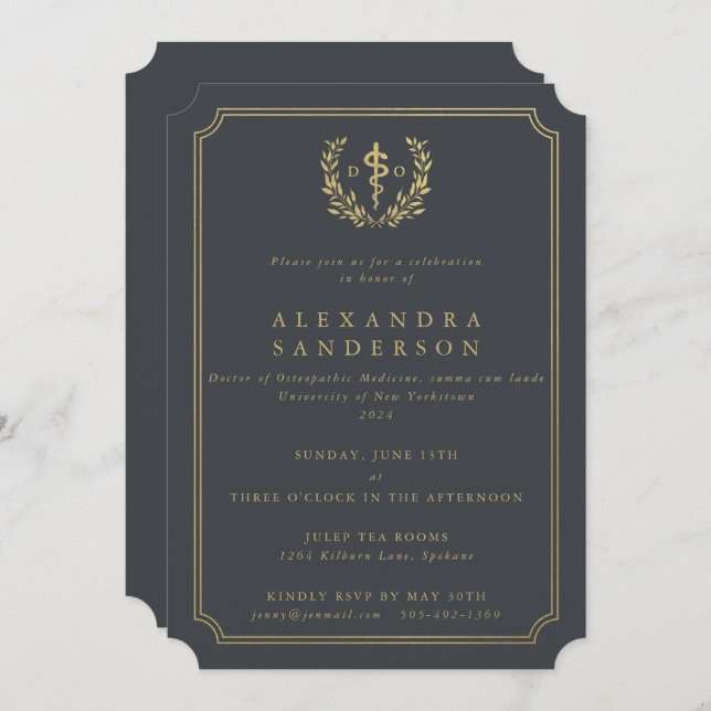 Convites Cinza/Médico Dourado de Formando de Medicina Osteo (Frente/Verso)