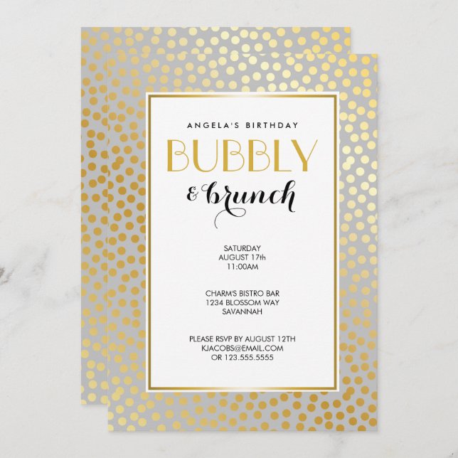 Convites Cinza moderno e ouro do teste padrão de bolinhas (Frente/Verso)