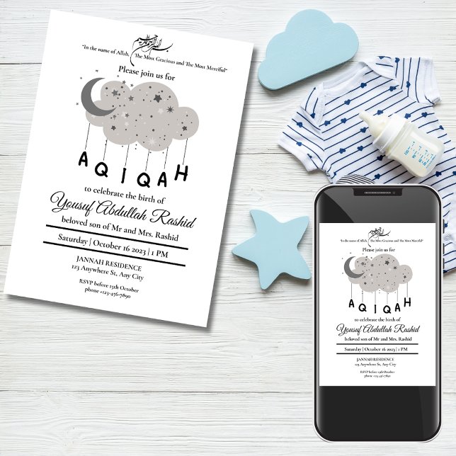 Convites Cinza Moon Cloud Star Baby Boy Aqiqah Aqeqa (Gray Moon Cloud Star Baby Boy Muslim Aqiqah Aqeeqa Invitation)