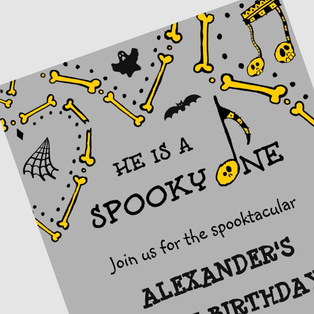 Convites Cinza Negra primeiro aniversario de Dia das Bruxas (Halloween-1st-birthday-Invitation-Boy-grey-Skull-Spooky-one-1)