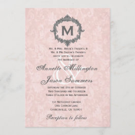 Convites Cinza Peach Damask Moldura de Vintage Casamento Mo