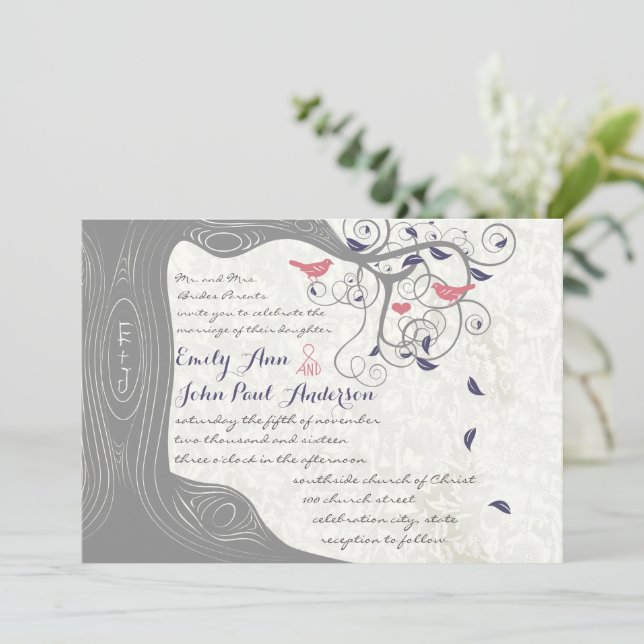 Convites Cinza Peach Lapis Blue Love Bird Invitation (Em pé/Frente)
