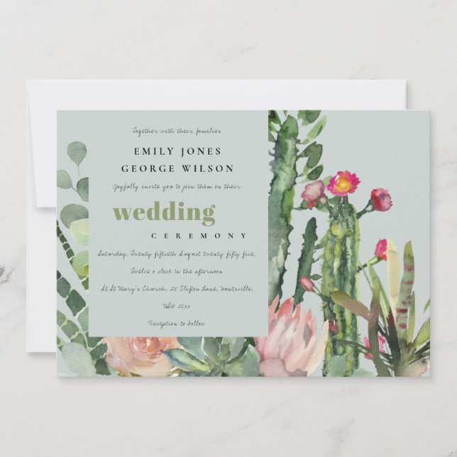CONVITES CINZA PINK FLORAL CACTI FAUNA WATERCOLOR WEDTING (Frente)