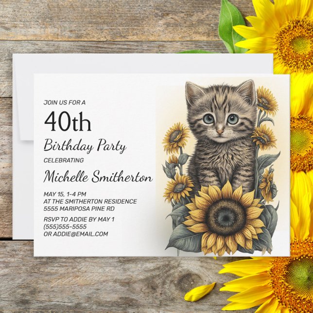 Convites Cinza por Kitten Cat Sunflower aniversário de 40 a (Criador carregado)