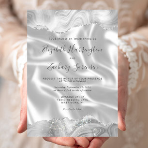 Convites Cinza Prata Ágata Branco Seda Casamento