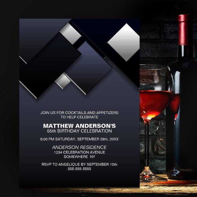 Convites Cinza preta Festa de aniversário coquetel 55 (Criador carregado)