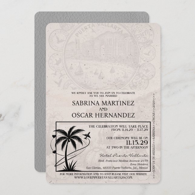 Convites Cinza Puerta Vallarta Passaporte Casamento (Frente/Verso)