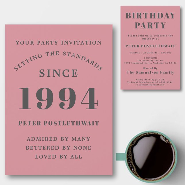 Convites Cinza Rosa 1994 Chic Elegante (Personalized 30th birthday invitations in pink and grey for those born in 1994.)
