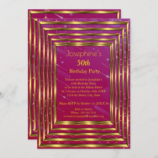 Convites Cinza Rosa 50ª Festa de aniversário Dourada (Frente/Verso)