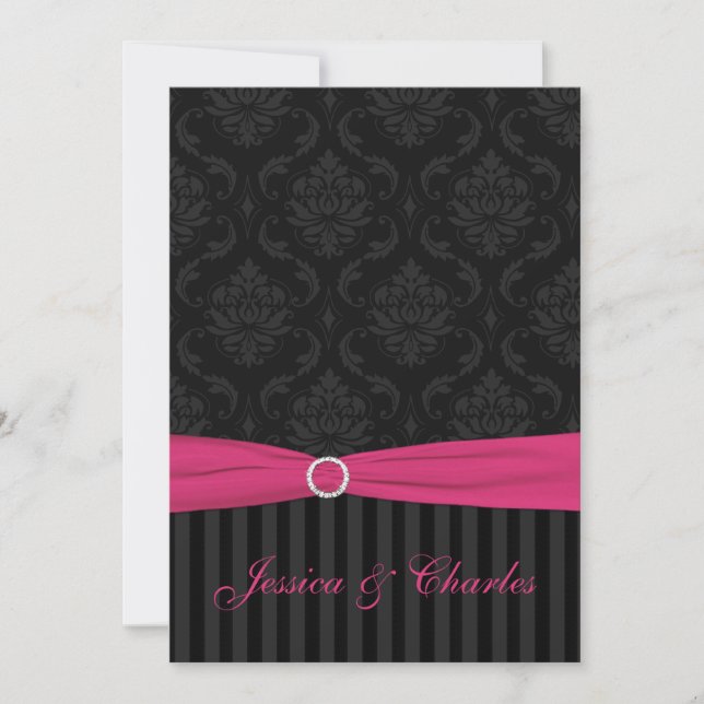 Convites Cinza Rosa Black Damask Stripes Scrolls Casamento (Frente)