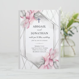 Convites Cinza rosa Cruz Cristã Floral e Casamento Bíblia