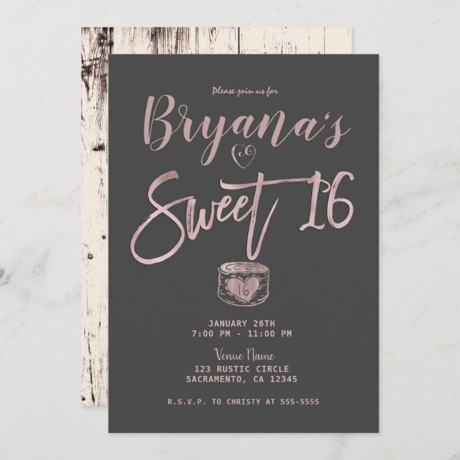 Convites Cinza Rosa Dourada Glam Rosa, Rustic, Doce 16 Part (Frente/Verso)