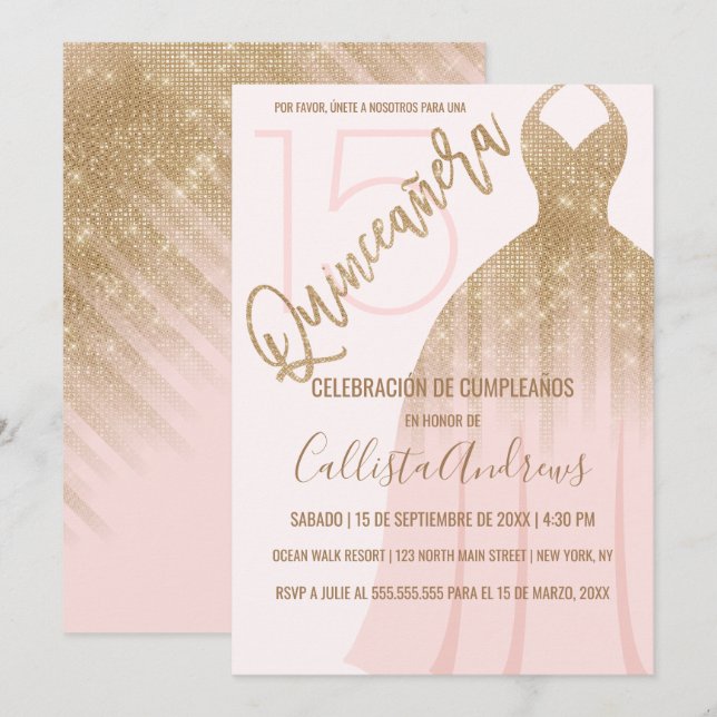 Convites Cinza rosa Dourado Brilhante Espanhol Quinceanera (Frente/Verso)