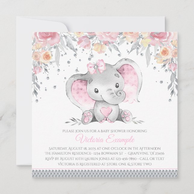 Convites Cinza Rosa Elefante Diamond Chá de fraldas Floral (Frente)