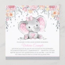 Convites Cinza Rosa Elefante Diamond Chá de fraldas Floral