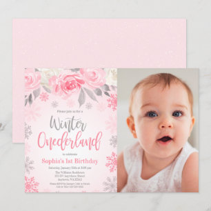Convites Cinza rosa Floral Winter ONE derland Birthday Phot