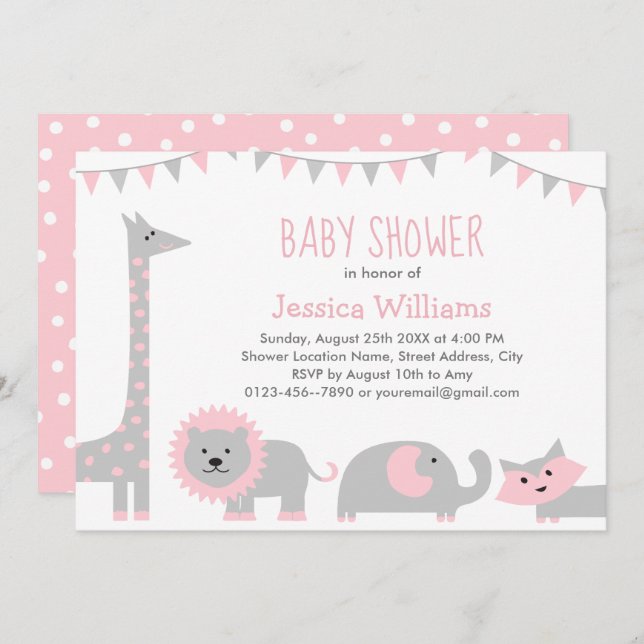 Convites Cinza Rosa-Gelada, Animais de Chá de fraldas (Frente/Verso)