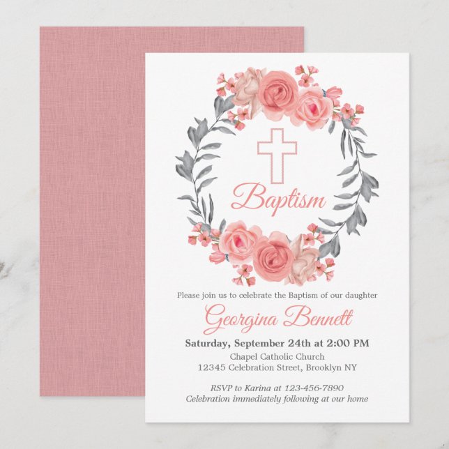 Convites Cinza Rosa Moderno Blush Floral Wreath Cross Bapti (Frente/Verso)